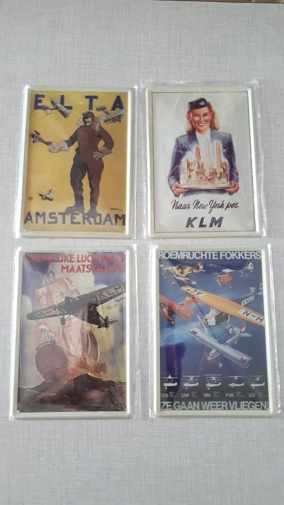 4 Emaille / blik reclame bordjes | Elta | KLM | Fokker, Ophalen of Verzenden