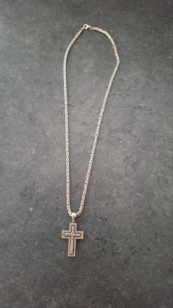 Zilveren Koningsketting met Kruis Hanger, Sieraden, Tassen en Uiterlijk, Kettingen, Zo goed als nieuw, Zilver, Zilver, Met hanger