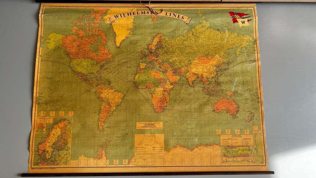 Oude wandkaart uit 1957 - Wereldkaart met tijdzones, Landkaart, 1800 tot 2000, Wereld, Ophalen