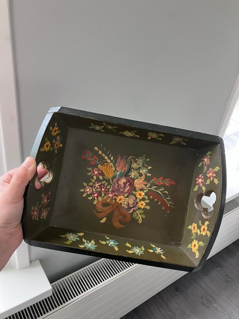 Hout houten dienblad vintage brocante groen met bloemen, Ophalen of Verzenden, Zo goed als nieuw, Rechthoekig, Hout