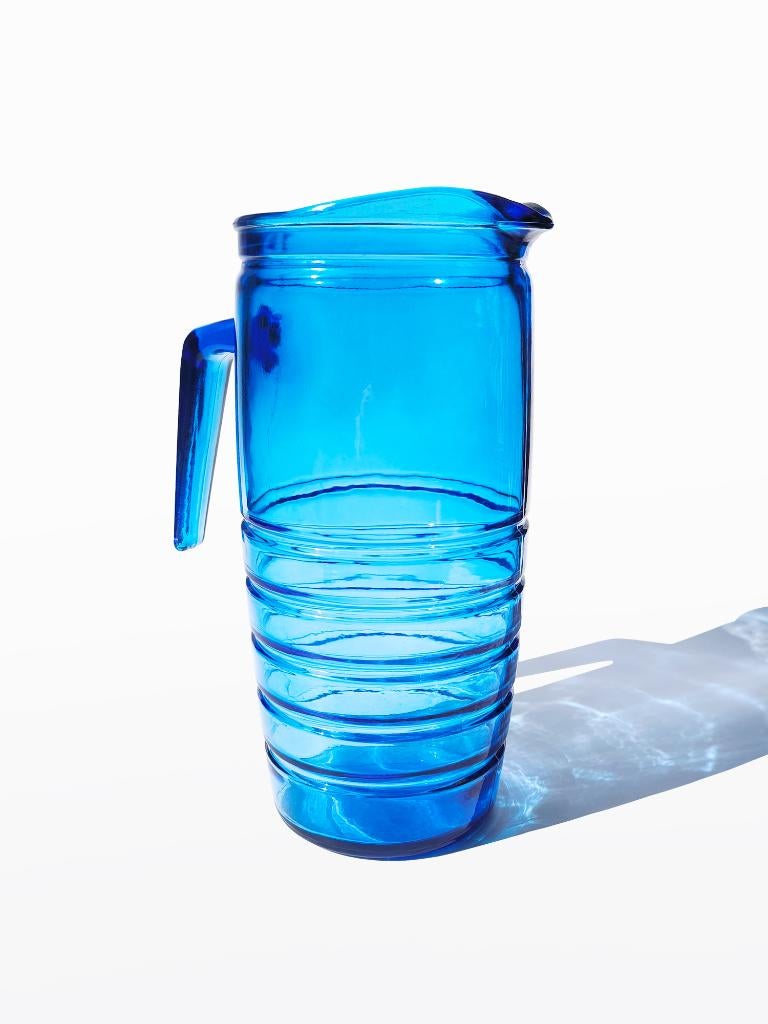 Water kan, blauw glas, vintage, Glas of Glazen, Verzenden, Overige stijlen, Glas