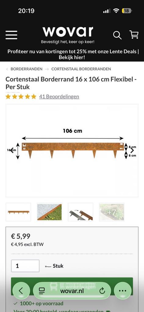 Cortenstaal borderrand, Tuin en Terras, Bielzen en Borders, Ophalen, Overige materialen, 100 tot 200 cm, Nieuw