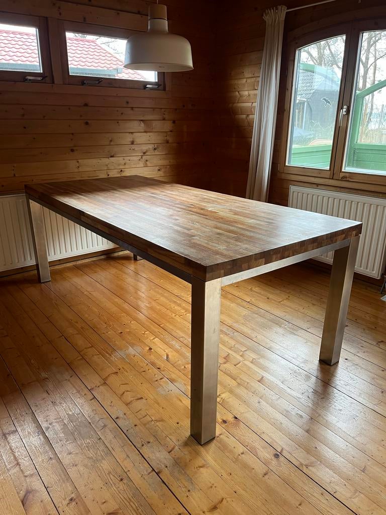 Stoere eettafel massief hout en metalen onderstel, Ophalen, Gebruikt, 200 cm of meer, 50 tot 100 cm