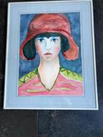 Aquarel Willy Hommerin vrouw met hoed, Ophalen of Verzenden