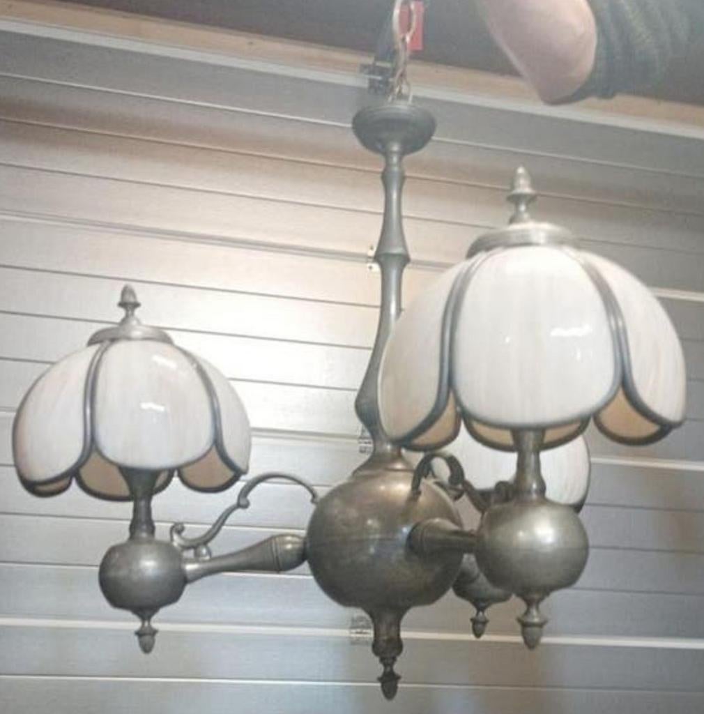 Tinnen zware 3 pits lamp, Antiek en Kunst, Antiek | Lampen, Ophalen of Verzenden