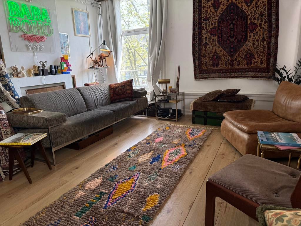 Vintage Marokkaanse loper 309 x 83 cm wol, Berber tapijt, Info@bababoho.com, Groen, Zo goed als nieuw, Rechthoekig