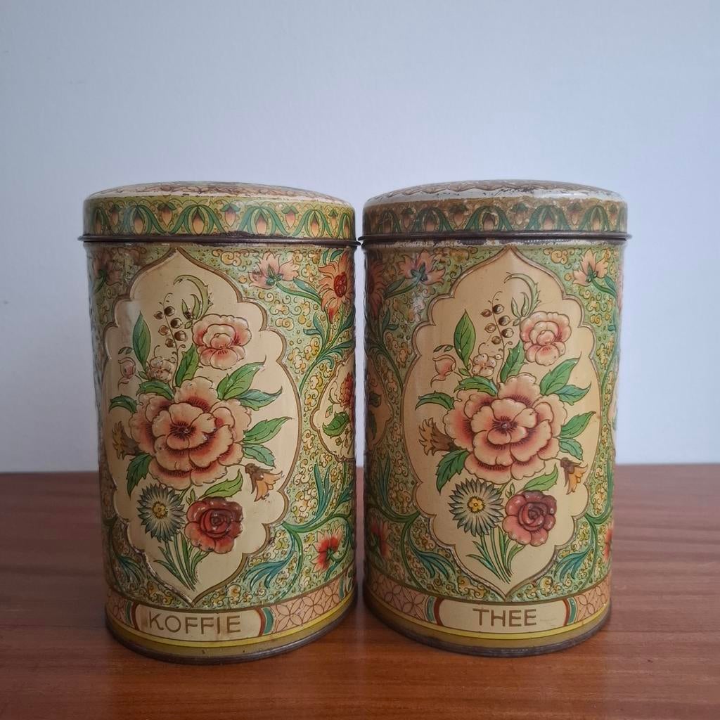2 vintage blikken koffie thee bloemenprint, Verzamelen, Blikken, Ophalen of Verzenden, Gebruikt, Koffie, Overige merken