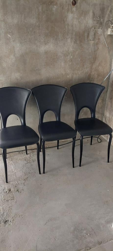 Vintage Italiaans design zwart lederen stoelen 3 stuks, Huis en Inrichting, Stoelen, Ophalen, Drie, Zwart, Zo goed als nieuw