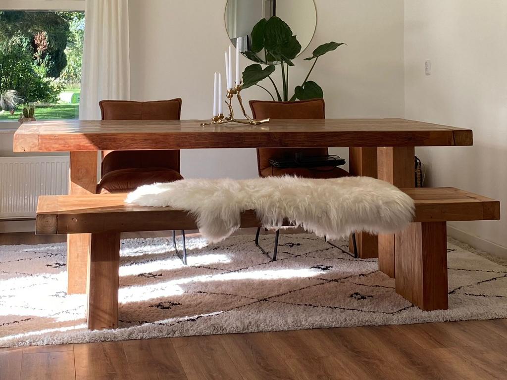 Zeer zware massief teak houten tafel met bijpassende bank., Huis en Inrichting, Tafels | Eettafels, Ophalen, Gebruikt, Teakhout