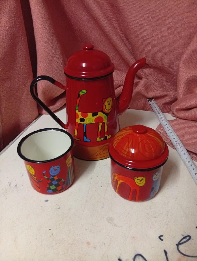 Smaltum emaille koffiepot, suikerpot  mok met kattenprint /, Ophalen of Verzenden