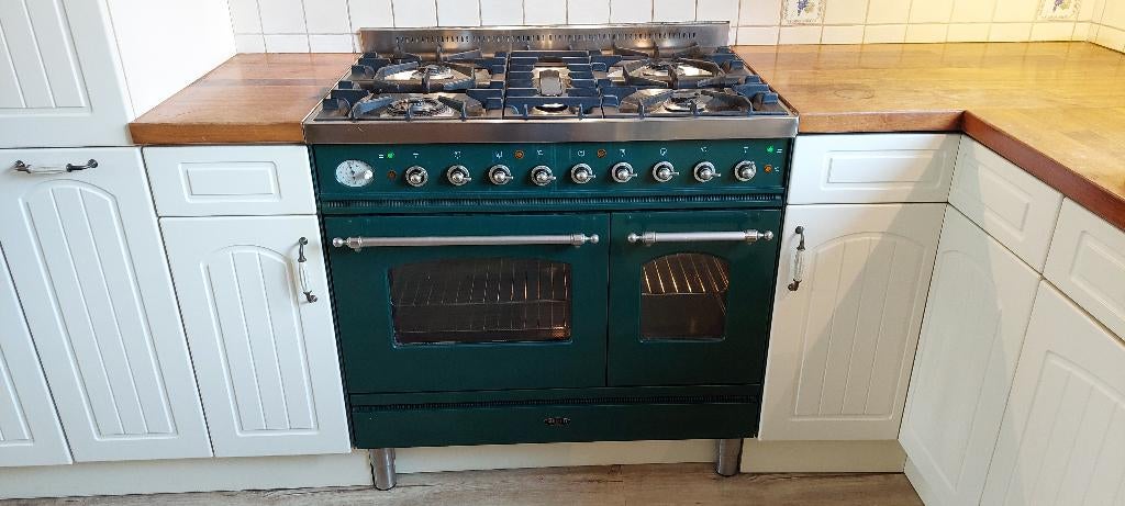 Borretti groen 5 pits gasfornuis 90 cm met dubbele oven, Ophalen, Gebruikt, 60 cm of meer, Gas