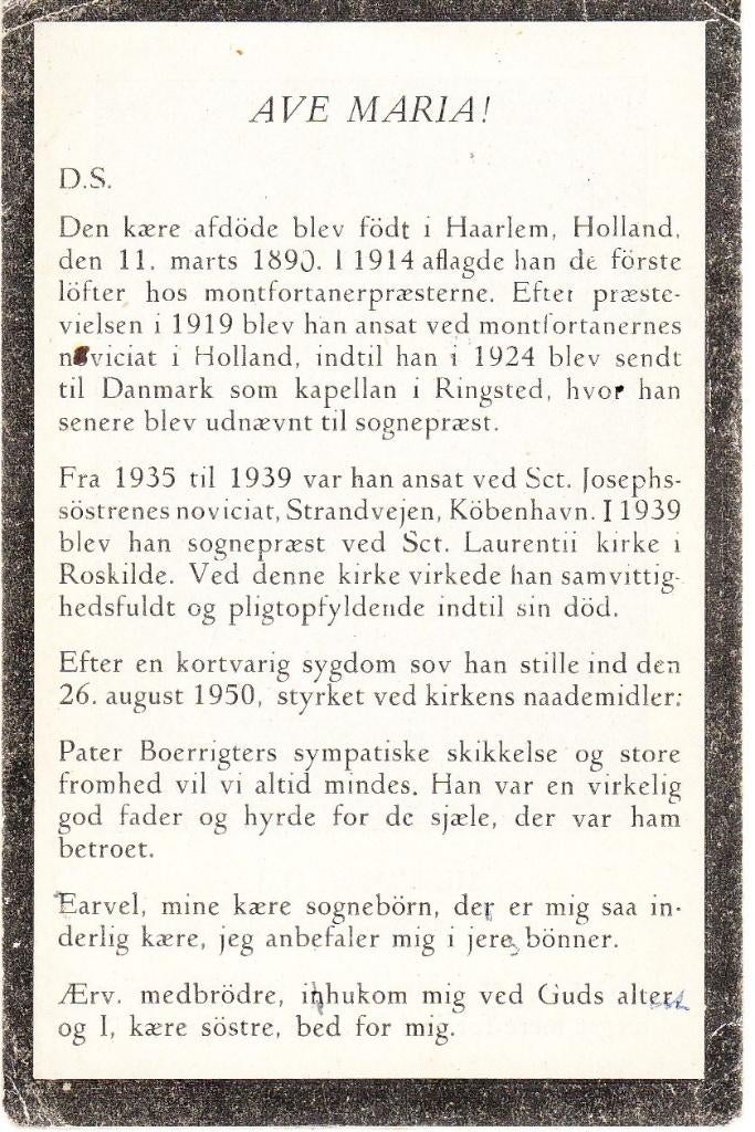 Haarlem 1890 - Roskilde (Denemarken) 1950 PJ Boerrigter, Verzamelen, Bidprentjes en Rouwkaarten, Ophalen of Verzenden, Bidprentje