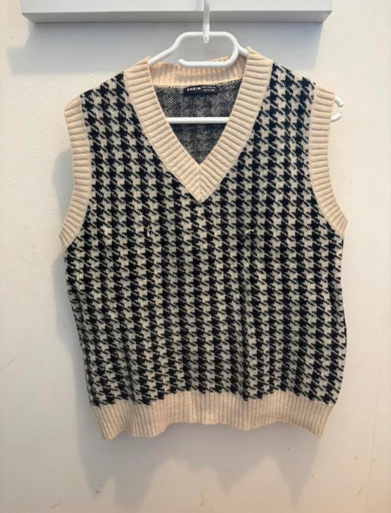 Crème/zwart geruite spencer (gilet) – maat M, Ophalen of Verzenden, Zo goed als nieuw, Maat 38/40 (M), Zwart