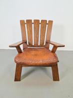 Vintage brutalistische fauteuil hout leer arm chair ´60, N, 75 tot 100 cm, N, 50 tot 75 cm