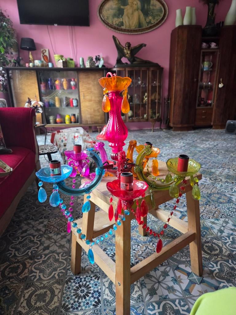 Kleurrijke kroonluchter, Huis en Inrichting, Lampen | Kroonluchters, Ophalen of Verzenden, Zo goed als nieuw, Kunststof