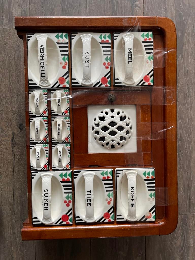 Vintage kruidenrek met keramische potjes, Antiek en Kunst, Ophalen of Verzenden