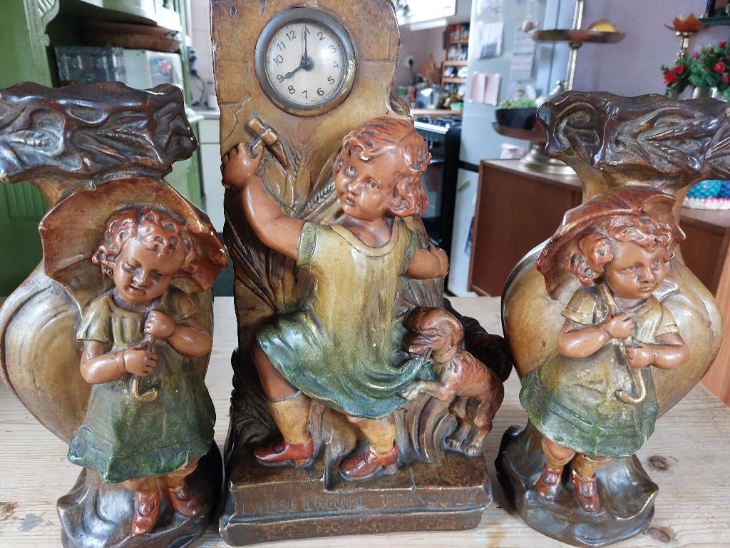 Antiek Frans Klokstel - sierlijke beelden pendule - 3-delig, Antiek en Kunst, Antiek | Klokken, Ophalen