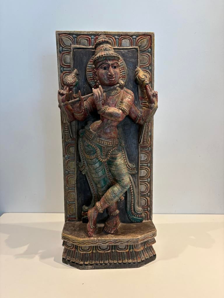 Handgesneden houten paneel Krishna fluitspeler, Houtsnijwerk, Ophalen of Verzenden, Handgemaakt, 20 - 50 cm