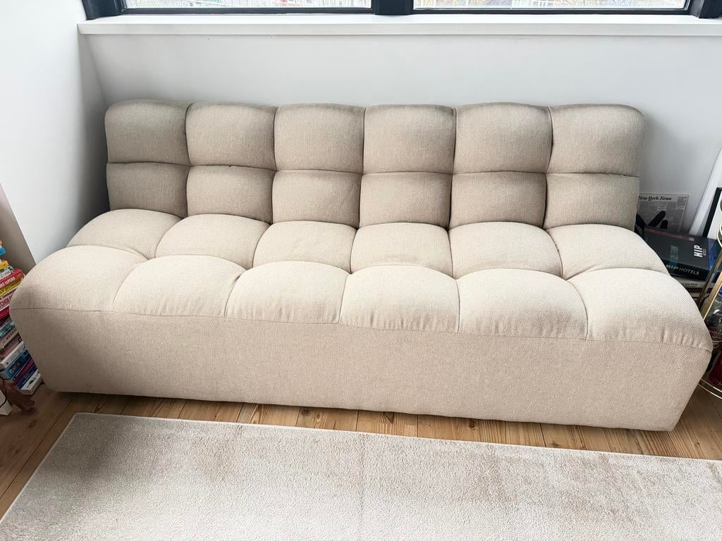 Bank en fauteuil zandkleur, Ophalen, Gebruikt, Driepersoons, 75 tot 100 cm