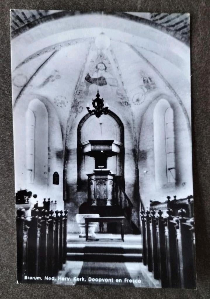 Bierum - N.H. Kerk, Doopvont en Fresco (Sebastiaankerk), Ophalen of Verzenden, 1960 tot 1980, Ongelopen, Groningen