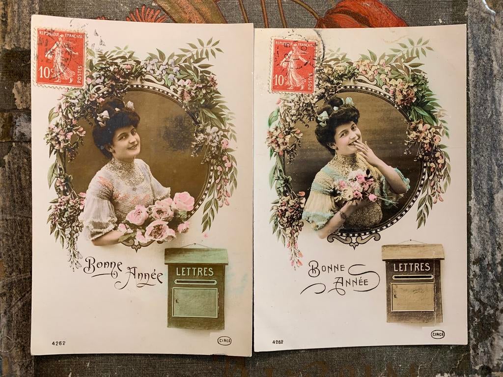 1910 Bonne Année - dame met brievenbus (RR), Ophalen of Verzenden, Voor 1920, Gelopen, Feest(dag)