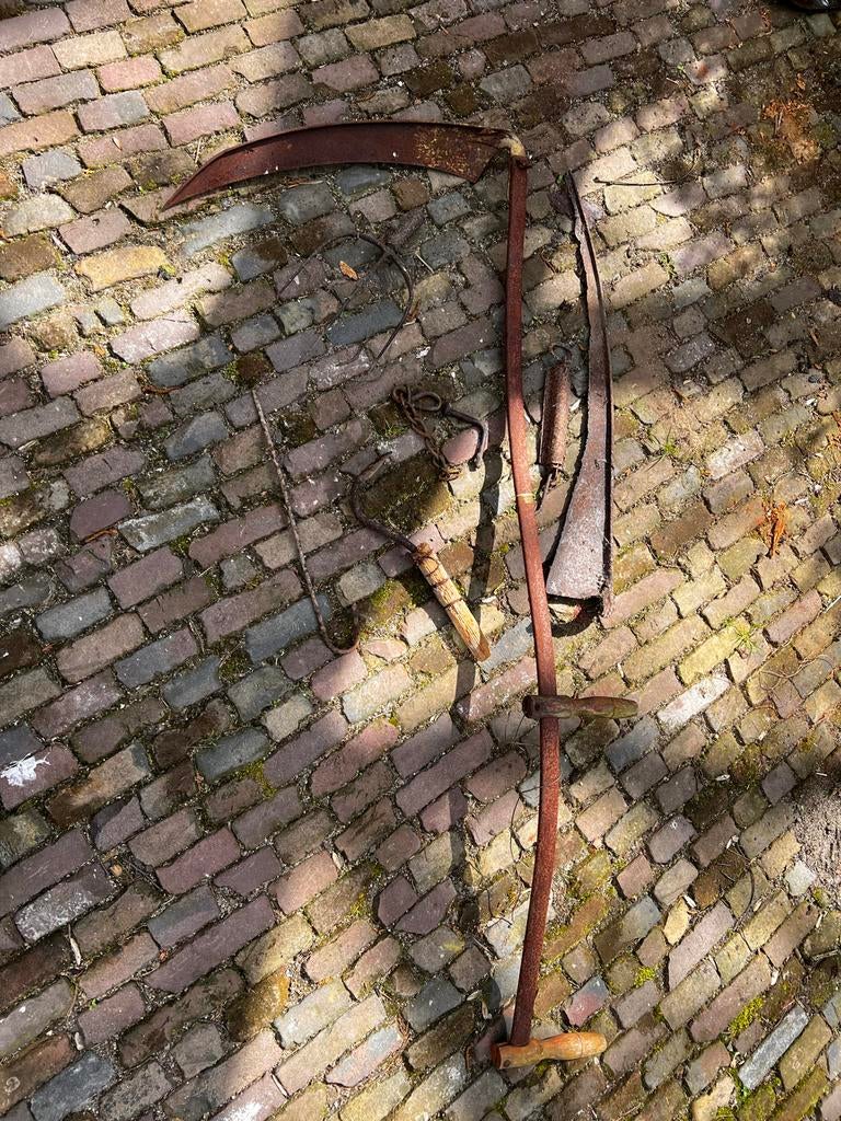 Oud handgereedschap - Verroeste zeis en hooivork, Ophalen