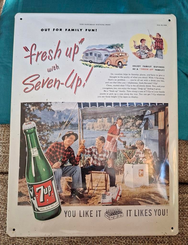 Reclame blikken bord camping tafereel 7up Seven Up, Verzamelen, Ophalen of Verzenden, Reclamebord