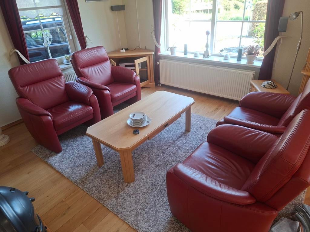 Leren fauteuils bordeauxrood - set van 4, Huis en Inrichting, Fauteuils, Ophalen, Gebruikt, Klassiek, Comfortabel, 50 tot 75 cm