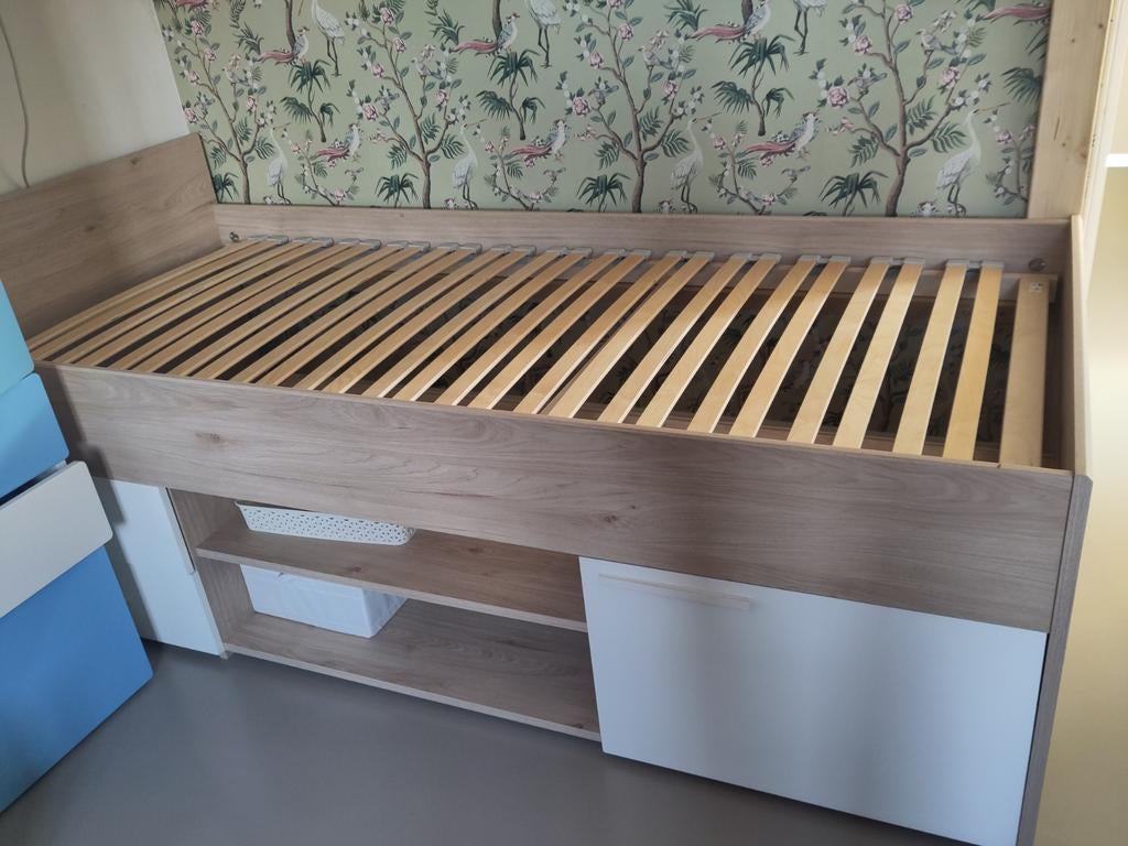 Bed 1 persoon met lades, kastje en planken, Huis en Inrichting, Slaapkamer | Bedden, Ophalen, Gebruikt, 90 cm, Eenpersoons