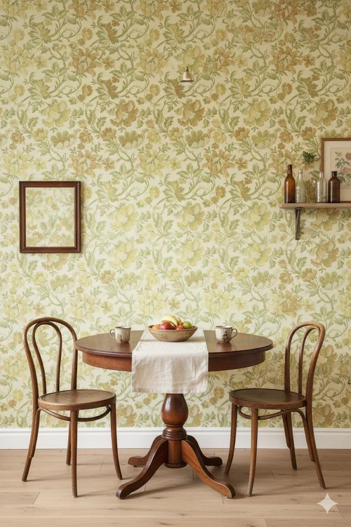 6898 Gobelin bloemenbehang warm groen en oker tijdloos swiet, Huis en Inrichting, Stoffering | Behang, Groen, minder dan 10 m²