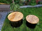 Bijzettafeltjes set metaal met mango houten blad, Minder dan 55 cm, Metaal of Aluminium, Rond, Zo goed als nieuw