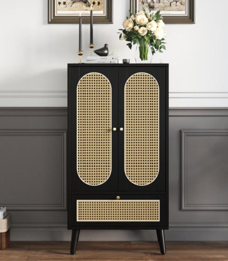 Veelzijdige kast met rotan details la en legplanken zwart, Huis en Inrichting, Kasten | Ladekasten, Nieuw, 100 tot 150 cm, 50 tot 100 cm