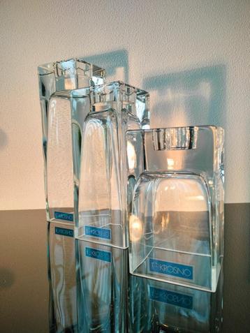 3 x Polen Krosno Kristalglas Kandelaar Kaarsenhouder 1980 beschikbaar voor biedingen