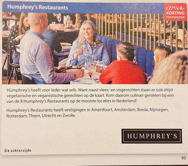 Voordeelbon Humphrey’s Restaurants - 2026 (KWF), Tickets en Kaartjes, Kortingen en Cadeaubonnen, Drie personen of meer, Kortingsbon