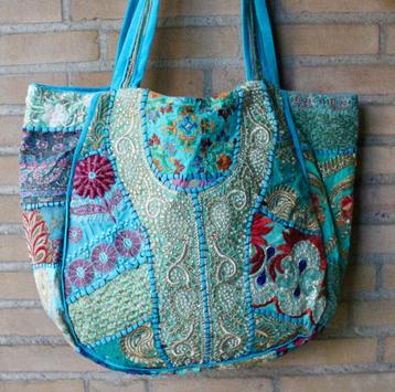 Bohemian handtas strandtas shopper turquoise goud geborduurd beschikbaar voor biedingen