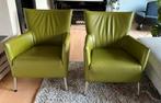 2 groen lederen fauteuils, Huis en Inrichting, Fauteuils, Ophalen, Gebruikt, Minder dan 75 cm, Leer