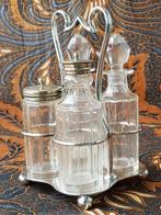 Prachtige antieke condimentset van kristal en silverplate., Ophalen of Verzenden