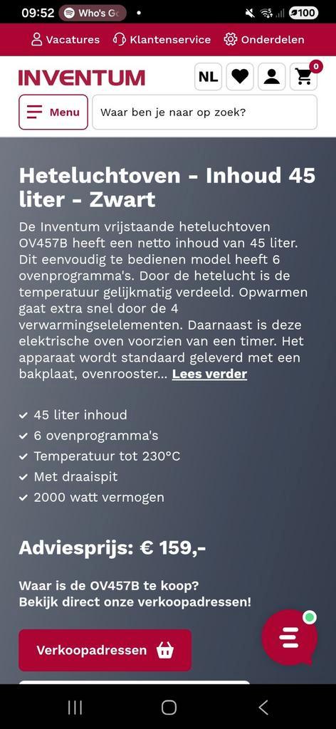 Inventum OV457B Hete lucht oven - Zwart, Witgoed en Apparatuur, Ovens, Zo goed als nieuw, Vrijstaand, Oven, 45 tot 60 cm, 45 tot 60 cm