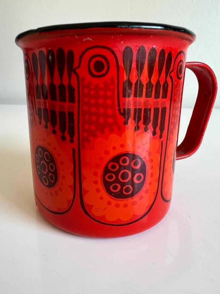 Vintage Arabia Finel Emaille Beker Lintu Pauw Uosikkinen 60s, Antiek en Kunst, Antiek | Emaille, Ophalen of Verzenden