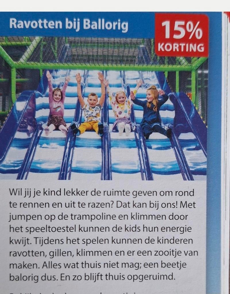 Ballorig 15% korting Alleen online, Tickets en Kaartjes, Recreatie | Pretparken en Attractieparken, Drie personen of meer, Ticket of Toegangskaart