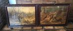 2 oude ingelijste jachttaferreel achter glas, Ophalen of Verzenden