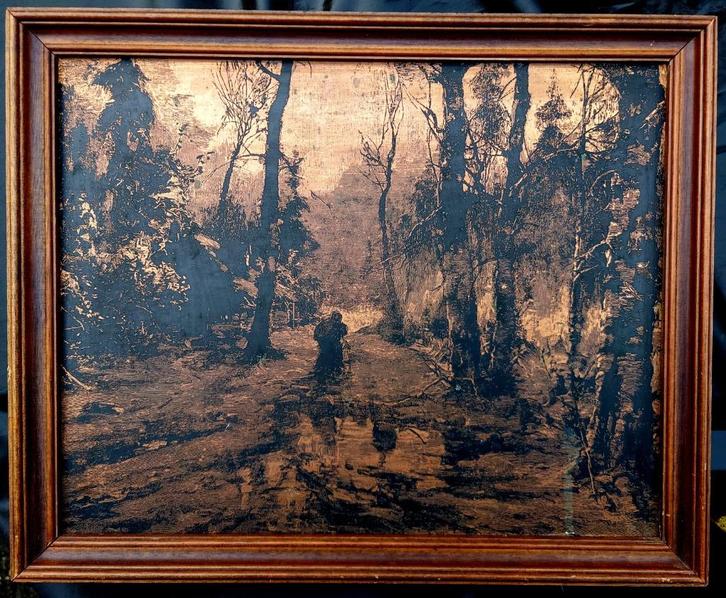 Koperen etsplaat, boerin in een bos ~1920, Antiek en Kunst, Kunst | Etsen en Gravures, Ophalen of Verzenden