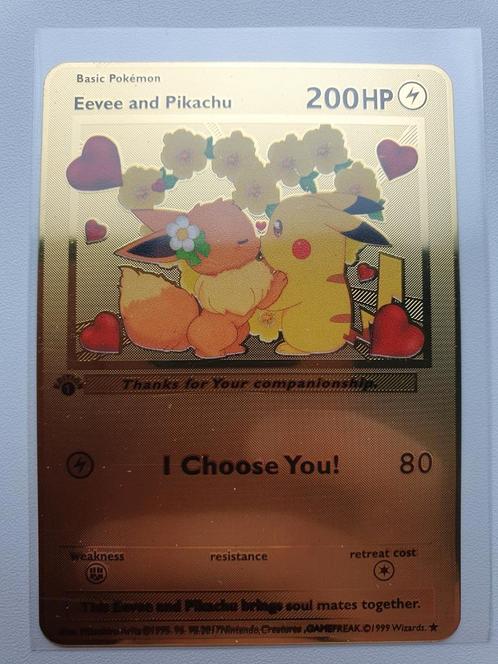 Eevee and Pikachu I Choose You! Hart hartjes Metal Card, Hobby en Vrije tijd, Verzamelkaartspellen | Pokémon, Nieuw, Losse kaart