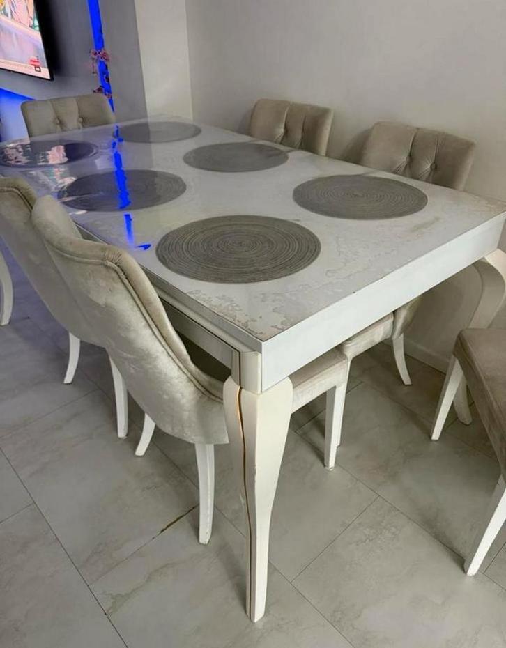 Witte eettafel uitschuifbaar + 6 stoelen, Huis en Inrichting, Tafels | Eettafels, Zo goed als nieuw, 100 tot 150 cm, 150 tot 200 cm