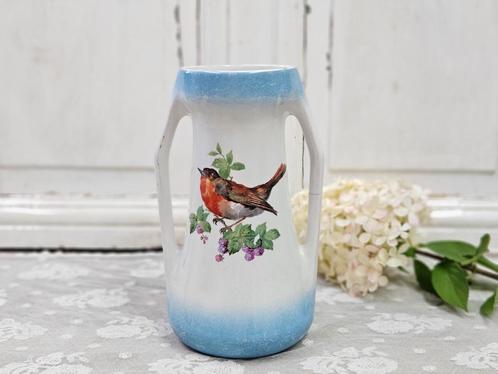 Antieke vaas met roodborstje en koolmees, Antiek en Kunst, Curiosa en Brocante, Ophalen of Verzenden