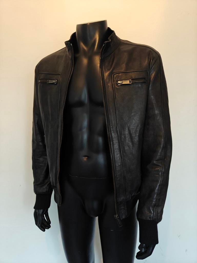 Stoere leren jas heren L - Italiaans, Maat 52/54 (L), Vera pelle, Zwart, Ophalen of Verzenden