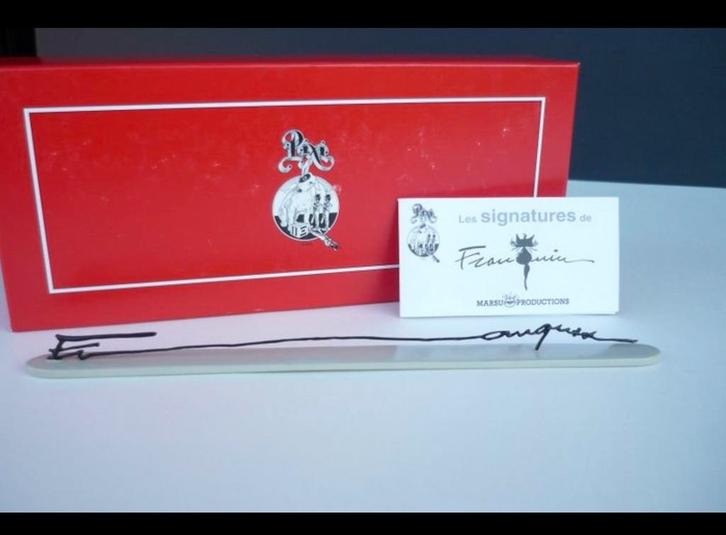 Franquin Handtekening met Doos en Certificaat, Verzamelen, Stripfiguren, Zo goed als nieuw, Beeldje of Figuurtje, Guust of Robbedoes