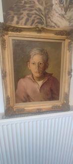 De blonde jongen in roze trui olie schilderij op doek, Ophalen of Verzenden