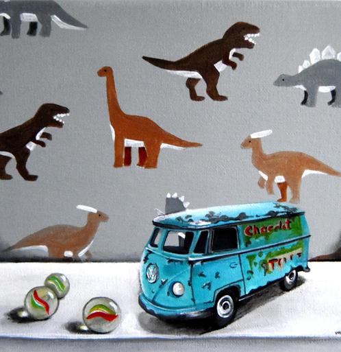 Boy's Toys... Vintage speelgoed V.W busje (Corgi) op doek, Antiek en Kunst, Kunst | Schilderijen | Modern, Ophalen of Verzenden
