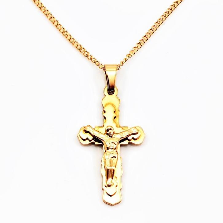 Stalen 45cm Ketting en Kruis met Jezus Goudkleurig - unisex, Sieraden, Tassen en Uiterlijk, Kettingen, Nieuw, Overige materialen